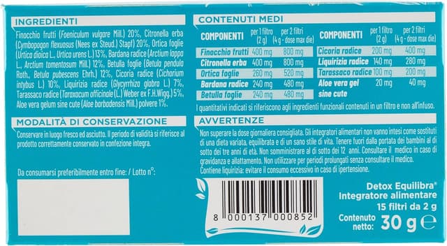 Detalle de Tisana Detox Equilibra con aloe, ortica, bardana, betulla e tarassaco (3 pezzi, 15 filtri)