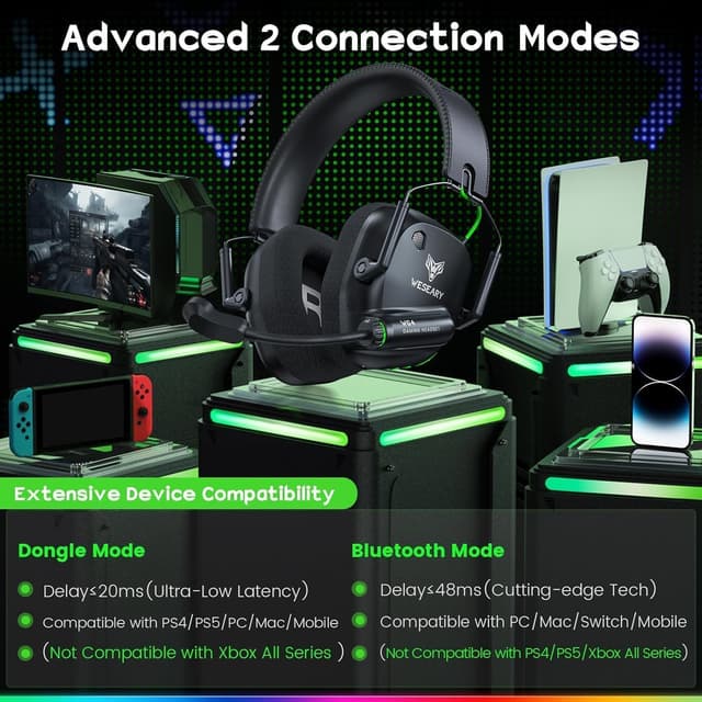 Detalle 2 de WESEARY Wireless Gaming Headset Bluetooth 5.4