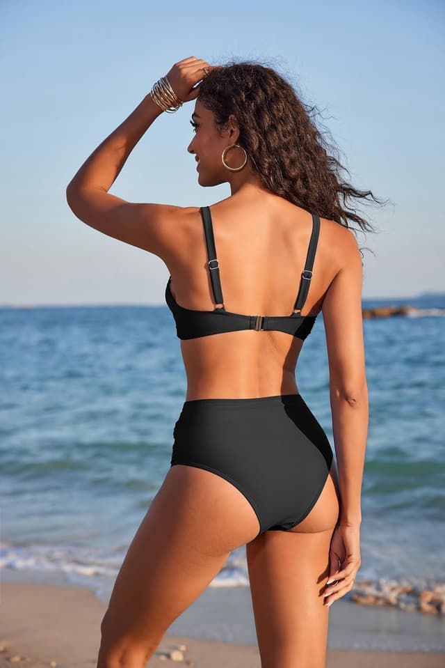 Detalle de Ekouaer Bikini-Set Damen „Bauchweg“ High Waist mit Push-Up & herausnehmbaren Polstern (Triangel, zweiteilig)