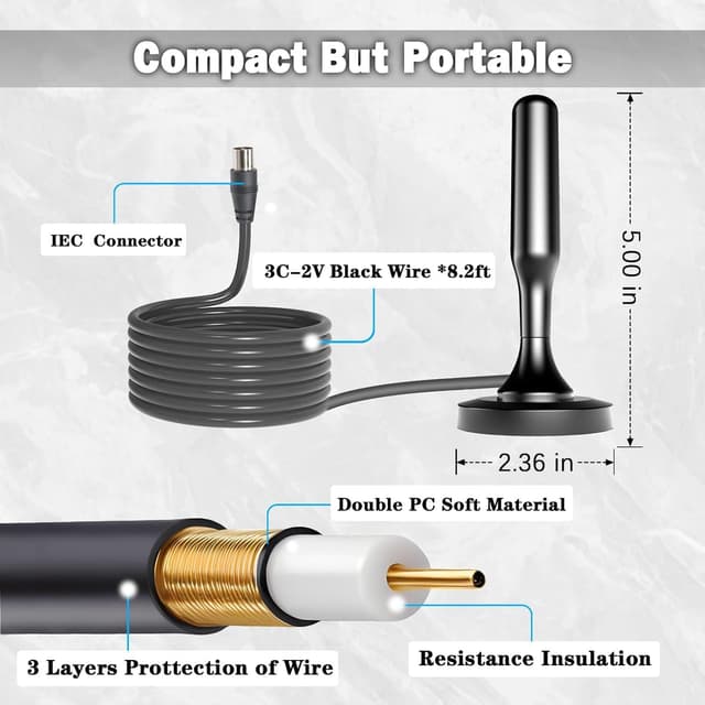 Detalle de Antenne TV intérieure puissante pour TNT (DVB-T2) – câble 2,5 m, base magnétique, compatible 4K/1080p