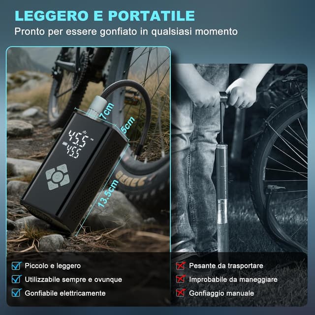 Detalle de TECHCYC Pompa aria elettrica portatile 150 PSI con arresto automatico e ricarica USB-C (7,4V 4000 mAh)