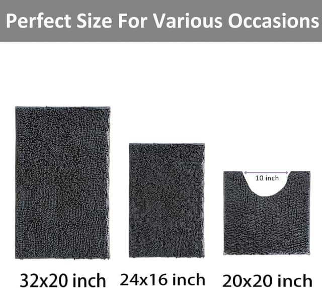 Detalle de 3-Piece Chenille Bathroom Rug Set with Non-Slip PVC Backing (Small U-Shape + Large Mats)