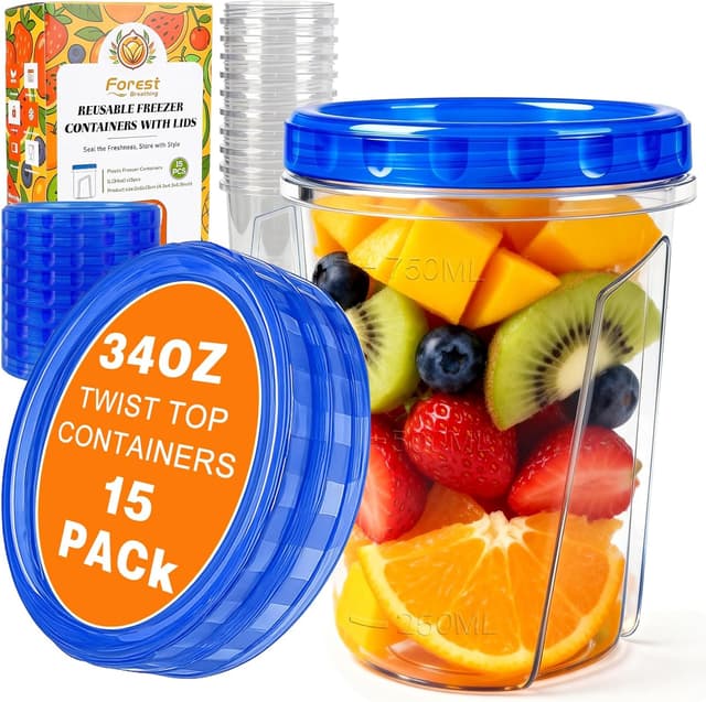 Detalle de 15-Pack 34oz Reusable Freezer Storage Containers with Airtight Twist Lids (Quart Food Storage Set)