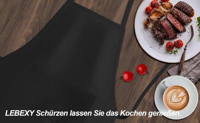 Detalle de LEBEXY Kochschürze aus Baumwolle, einfarbig schwarz – mit zwei großen Taschen