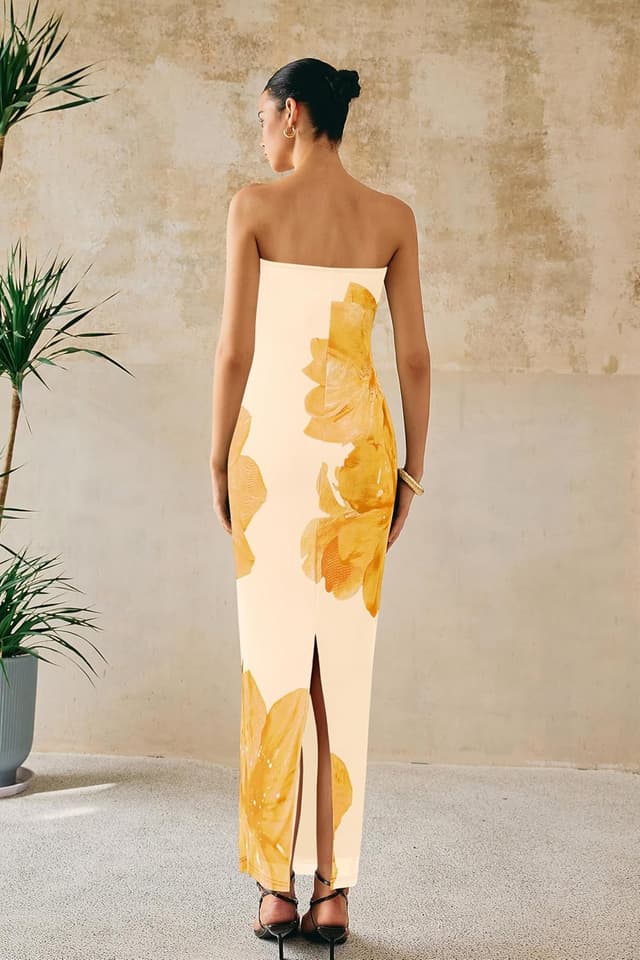 Detalle de PRETTYGARDEN Women’s Strapless Floral Maxi Dress (Mesh, Bodycon, Slit)