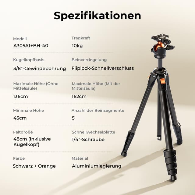 Thumbnail 6 de K&F CONCEPT A305A1+BH-40 Kamera-Stativ (Handy-Stativ), 162 cm – Aluminium-Reisestativ für Smartphone & Tablet