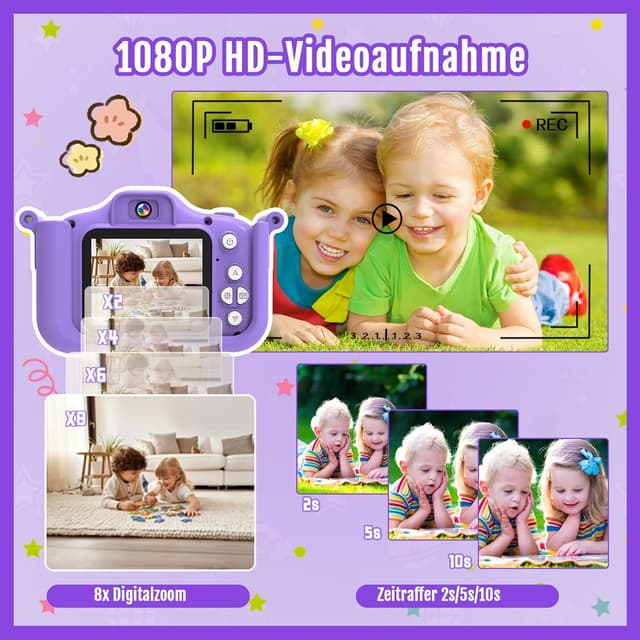 Detalle de Kinderkamera mit 32-GB-Speicherkarte, 1080P HD und Einhorn-Silikonhülle – Selfie-Kamera für Mädchen & Jungen ab 3 Jahren