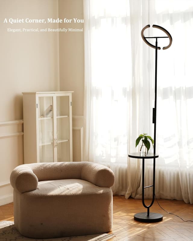 Detalle de LuminexDesigns Floor Lamp with Shelf, 36W Dimmable LED (Remote, 360° Head) — Modern Black Corner Uplighter