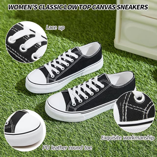 Detalle de Adokoo Canvas Tennis Shoes for Women (Low Top) — White/Black Lace-Up Casual Sneakers