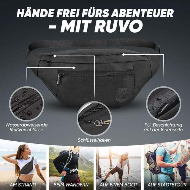 Detalle de RUVO® Bauchtasche für Herren und Damen – wasserabweisende Hüfttasche mit 4 Reißverschluss-Fächern