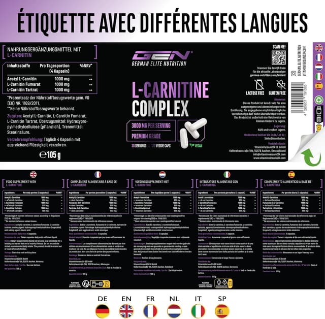 Thumbnail 6 de L-Carnitine Triple Complexe German Elite Nutrition (3000 mg par portion) – 120 gélules véganes