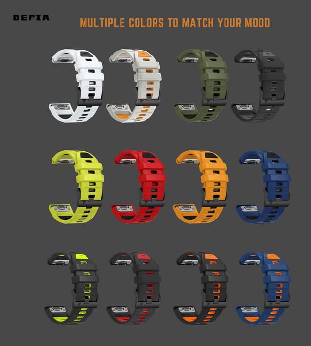 Thumbnail 6 de BEFIA 26mm Silicone QuickFit Watch Band for Garmin Fenix 8 51mm, Enduro, Tactix and More (Two-Tone Colors)