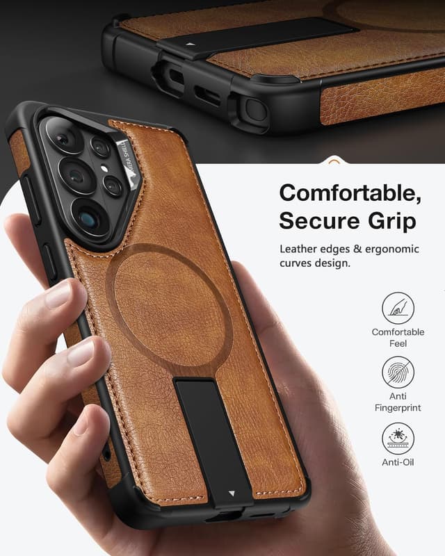 Detalle 1 de VAUSERDY Strong Magnetic Leather Case for Samsung Galaxy S26 Ultra (MagSafe, Kickstand, Shockproof) – Brown