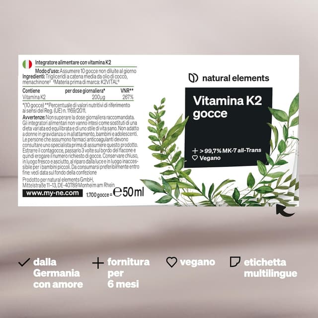 Detalle de Natural elements Vitamina K2 MK-7 200 µg (MK-7) in gocce vegane 50 ml