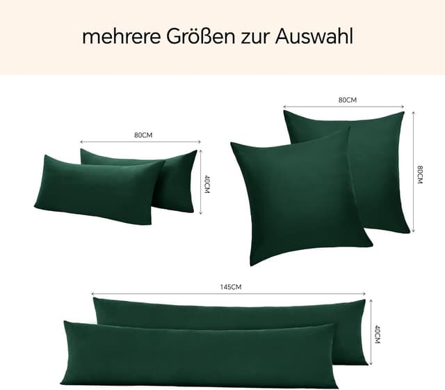 Thumbnail 6 de BEDELITE Kissenbezug 40x80 cm aus Baumwolle, dunkelgrün – 2er-Set mit extra langem Reißverschluss