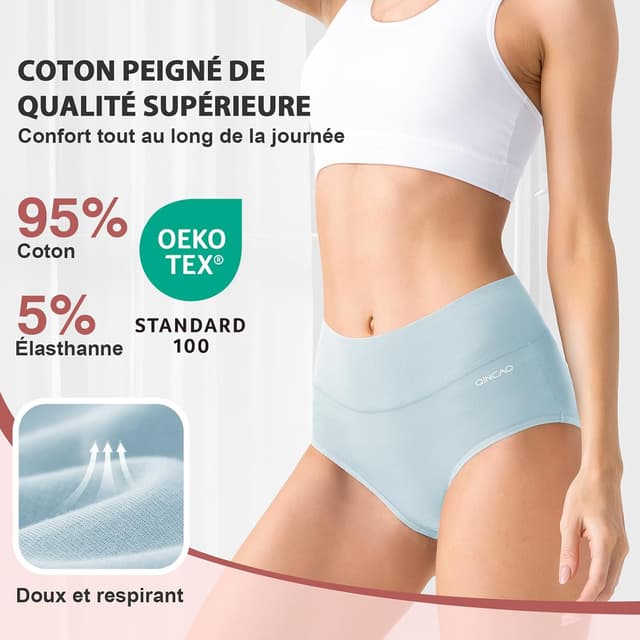 Detalle de Pack de 6 culottes femme QINCAO à taille haute en coton élastique