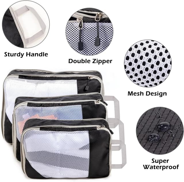 Detalle de Organisateur de valise en nylon imperméable (3 pièces) avec cubes de rangement et sacs de compression de voyage, noir