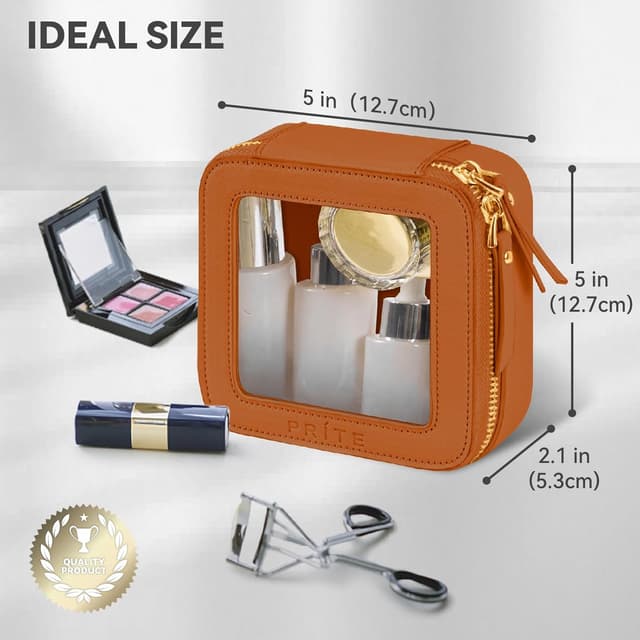 Detalle de Prite Small Clear Makeup Bag with Gift Box (Brown) – waterproof mini cosmetic case with double zippers