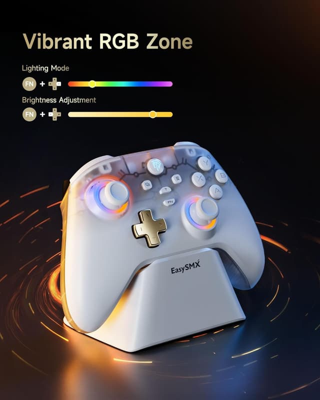 Detalle de EasySMX Enhanced Wireless Bluetooth PC Controller with Charging Dock, RGB and Hall Sensor (White)