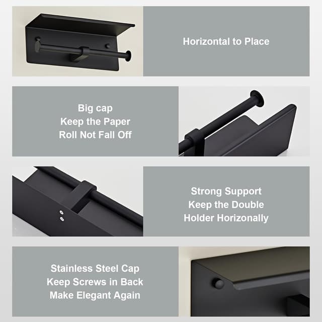 Detalle 2 de YIGUANXIN Double Toilet Smartphone Paper Holder with Shelf (Black, SUS 304 Stainless Steel) wall mounted tissue storage rack