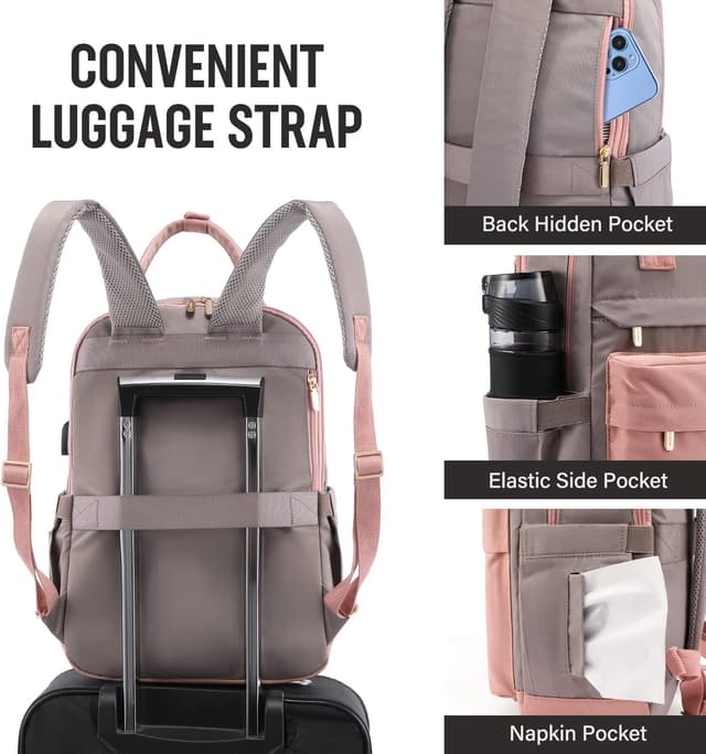 Detalle 2 de LOVEVOOK Rucksack Damen für 15,6-Zoll-Laptop (29 x 43 x 18 cm) – wasserdicht, mit USB-Anschluss, Rosa-Grau