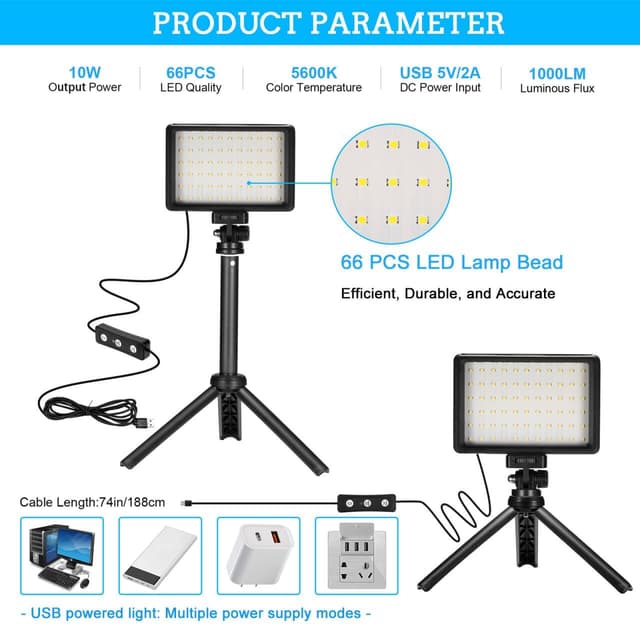 Detalle de Ci-Fotto LED Video Licht 2‑Pack (dimmbar, 5600K, USB) mit Ministativ und Farbfiltern