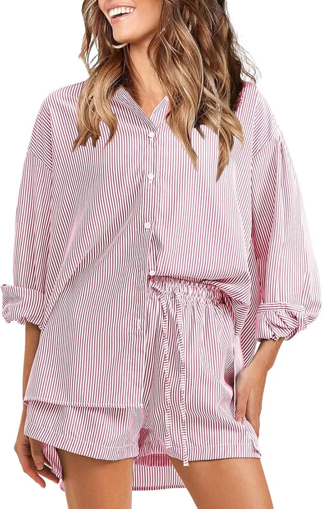 Detalle de EXLURA Women’s Cotton Summer 2-Piece Long Sleeve Button-Down & Shorts Set