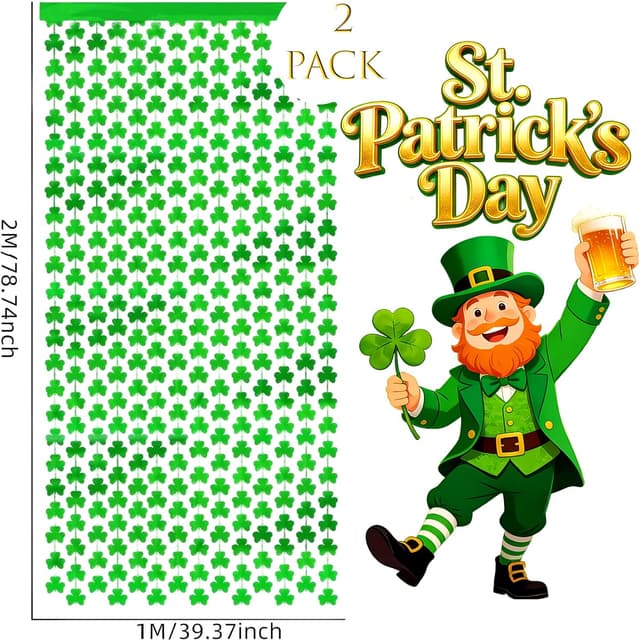 Detalle de Vsosfiza 2-Pack St. Patrick’s Day Clover Streamer Curtains (Green Shamrock) for Party, Photo Booth & Classroom