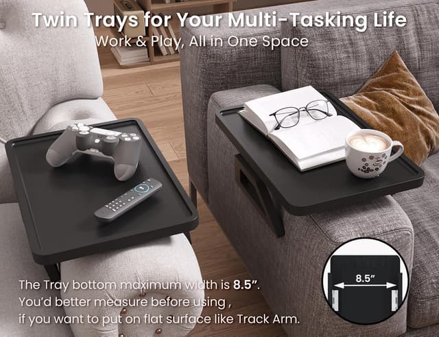 Detalle de Danfoxer 2-Pack Couch Arm Tray (Bamboo, Clip-On) for Drinks, Snacks, Phone & Remote