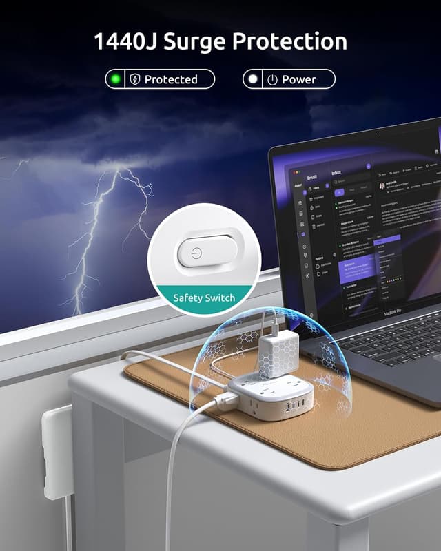 Detalle de NUTICT Outlet Cover Extension Cord Flat 6ft with 8 Outlets and 3 USB-C + 1 USB-A Surge Protection (White)