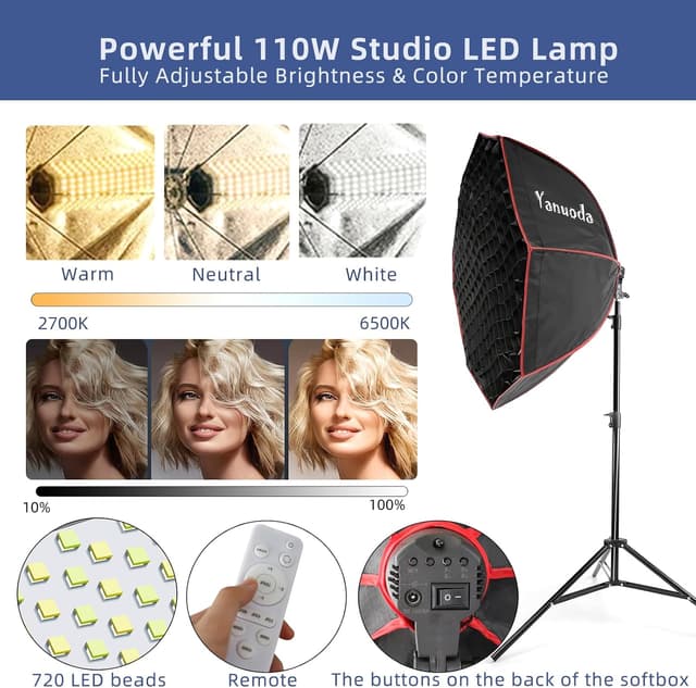 Detalle 2 de 37" Professional Octagonal Softbox Lighting Kit with 110W Dimmable LED, Remote Stand & Grid