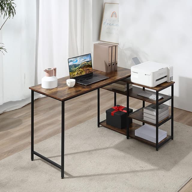 Detalle 2 de HOMCOM Bureau d’angle design industriel avec 3 étagères, panneaux imitation vieux bois et métal noir