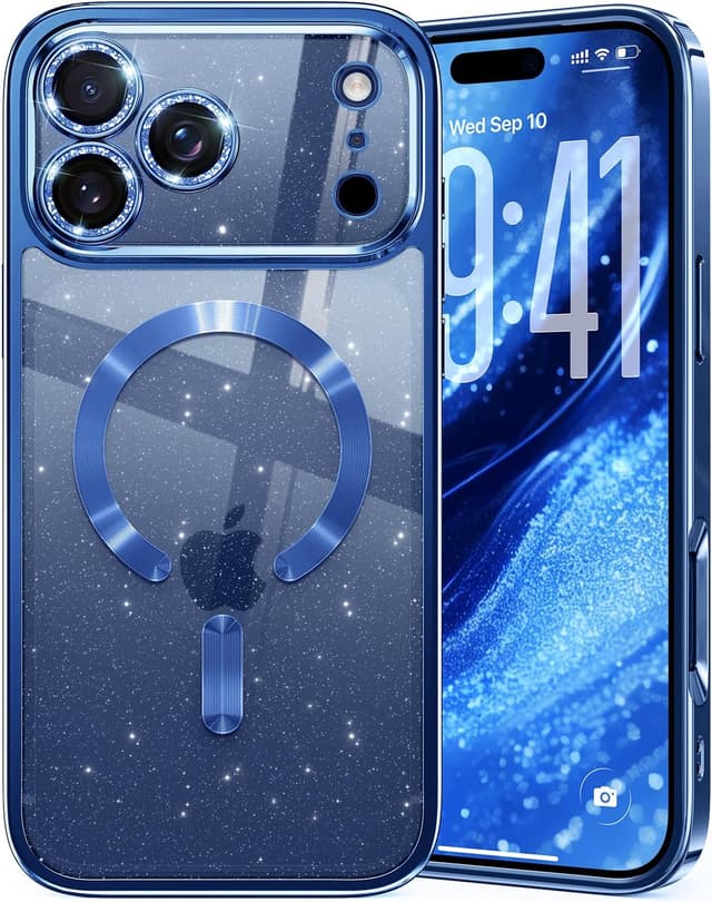 Detalle de Glitter iPhone 17 Pro Max Case (6.9") with raised lens protection, MagSafe compatibility, and sparkly blue back panel