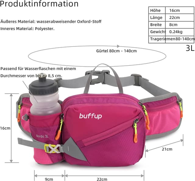 Detalle 2 de buffup® Bauchtasche mit Flaschenhalter – leichte Gürteltasche für Outdoor, Hundetraining, Radfahren, Wandern