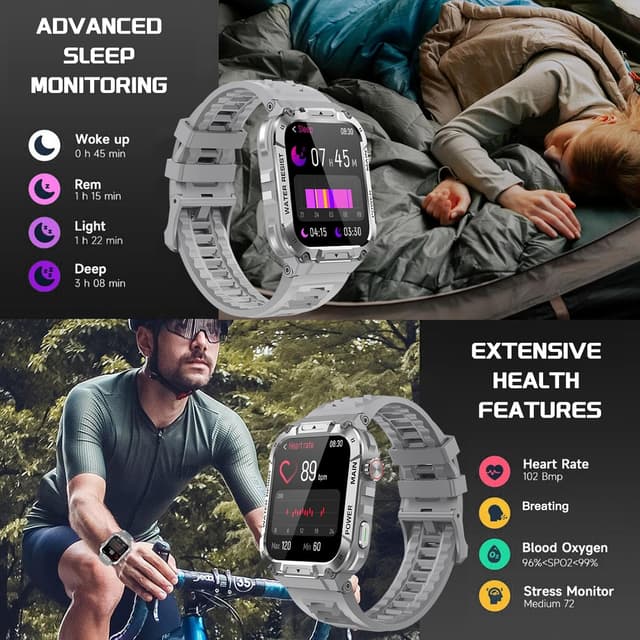 Detalle de Military Smart Watch for Men with Call Function (Gray) – Waterproof fitness tracker for Android & iPhone