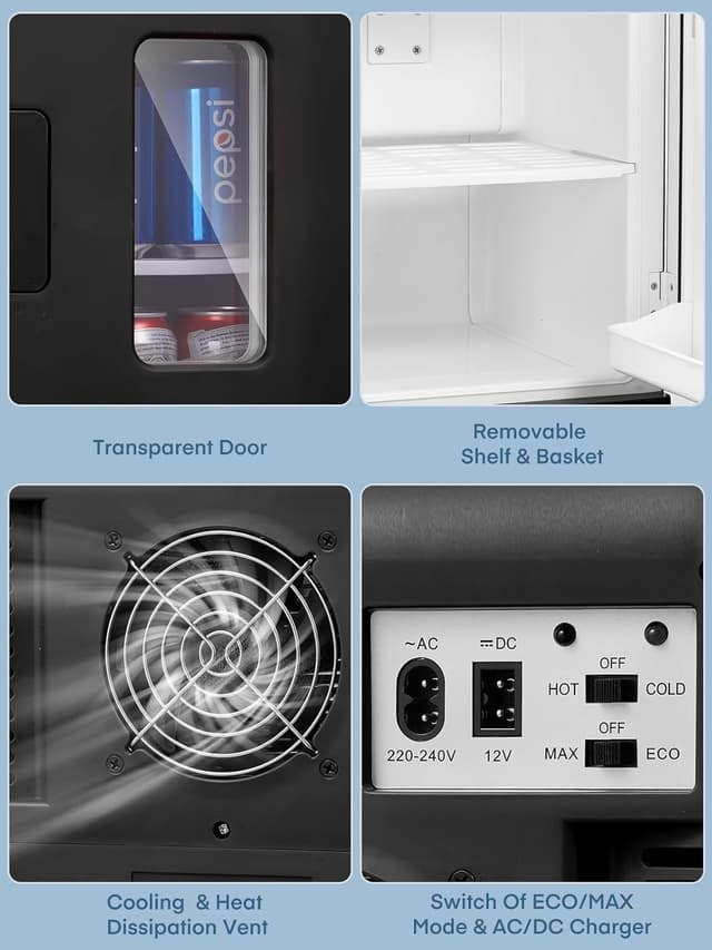 Detalle de FOHERE 2-in-1 Mini-Kühlschrank (15 l) mit Kühl- und Heizfunktion – DC/AC für Auto, Büro & Wohnheim, ECO-Low-Noise – Schwarz