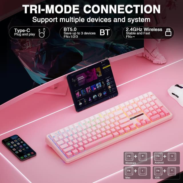 Detalle de AULA F108 Mechanical Keyboard (Wireless-Silent) – 2.4GHz/BT5.0 + USB-C, 100% Full Size, RGB, Hot-swappable
