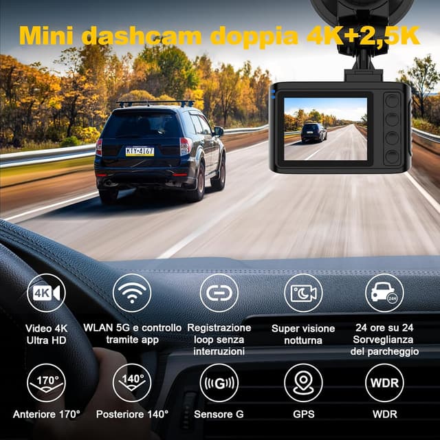 Detalle de Dashcam auto anteriore e posteriore 4K/2.5K con Wi‑Fi 5GHz e GPS, IPS 2,0” e GPS