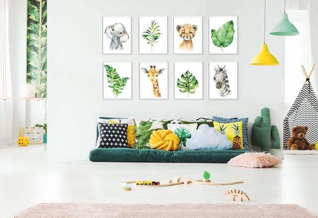 Detalle de artpin® 8er Set Kinderzimmer-Wandbilder im Safari-/Dschungel-Design (A4) – Mint Deko für Junge und Mädchen