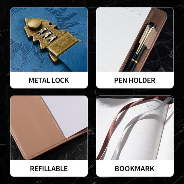 Detalle de ZXHQ Tagebuch mit Schloss A5 (21 x 15 cm) inkl. Stift-Set – nachfüllbares Lederjournal im Vintage-Look