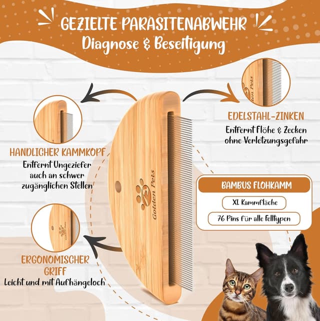 Detalle de Golden Pets Bambus Flohkamm – Läuse-, Floh- und Nissenkamm aus Edelstahl für Hund & Katze