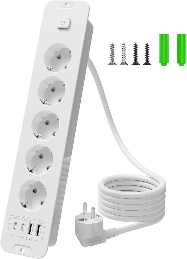 Detalle de Inhwatek Steckdosenleiste mit USB (PD 20W) – 5-fach Einbausteckdose 9-in-1 mit 2 m Kabel, 16A/4000W