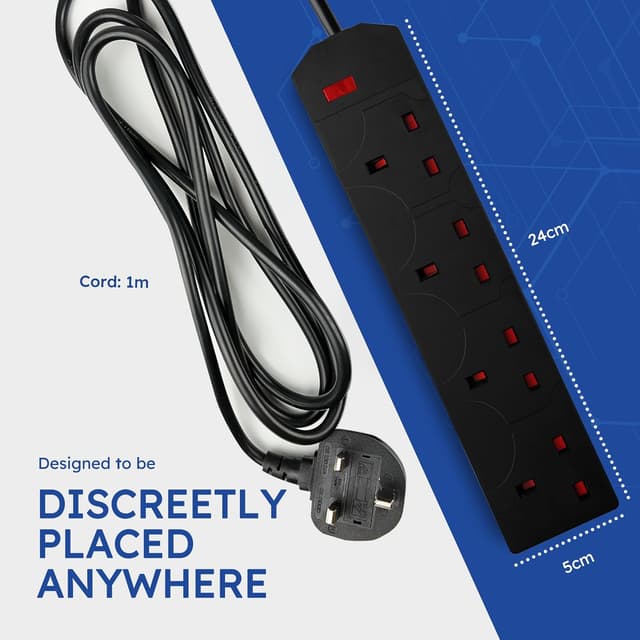 Detalle 2 de DESIRETECH Black 4-Gang Electric Extension Lead (1-metre cable) with UK Plug & Wall-Mountable Socket