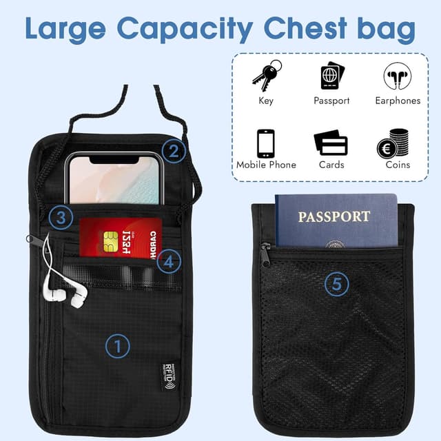 Detalle 2 de Brustbeutel mit RFID-Schutz (Anti-Diebstahl) – unisex Reisegeldbeutel, wasserdichtes Nylon, schwarz