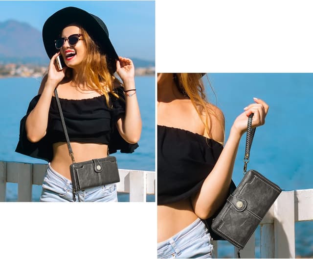 Detalle de S-ZONE Pn21b017 porte-monnaie pour téléphone femme en cuir végétalien avec protection RFID