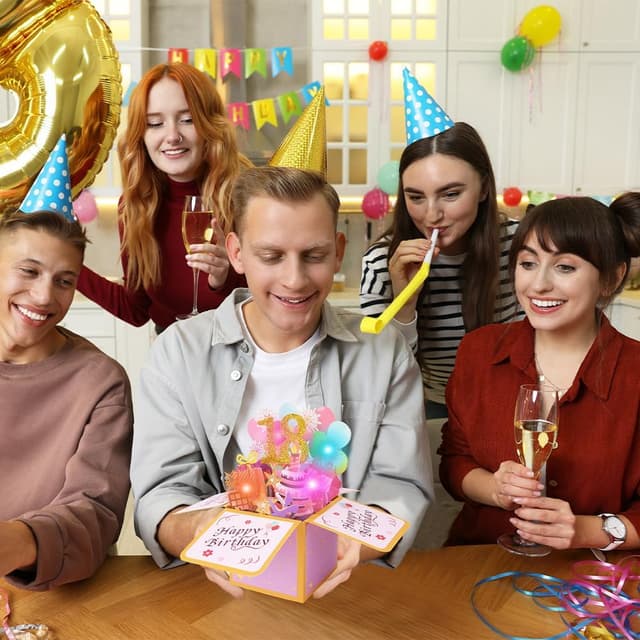 Thumbnail 6 de Carte d’anniversaire 18 ans OFFCUP pop-up 3D musicale avec bougie à souffler et enveloppe (rose)