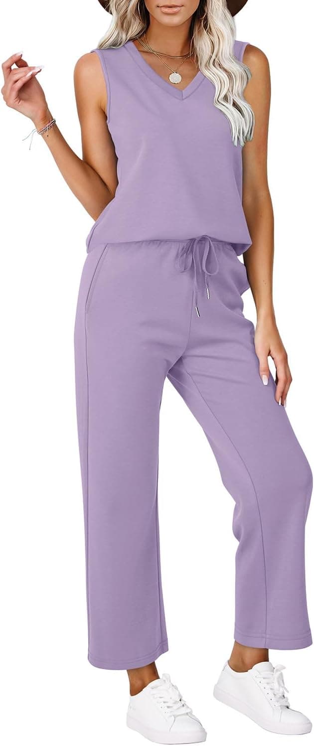 Detalle de WIHOLL Women’s Two-Piece V-Neck Lounge Set with Wide-Leg Cropped Pants