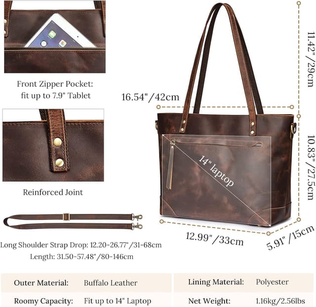 Detalle de S-ZONE Donna Borsa a Tracolla Vintage in Vera Pelle 3 Vie per Laptop – Messenger da viaggio e lavoro