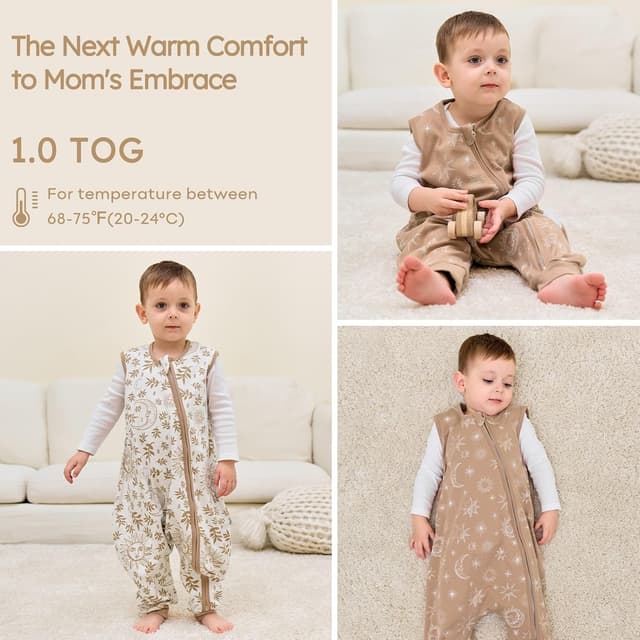 Detalle de Unnivoll Baby-Schlafsack mit Füßen 1,0 Tog (Baumwolle), Sommer 2er-Pack – 80 cm, beige