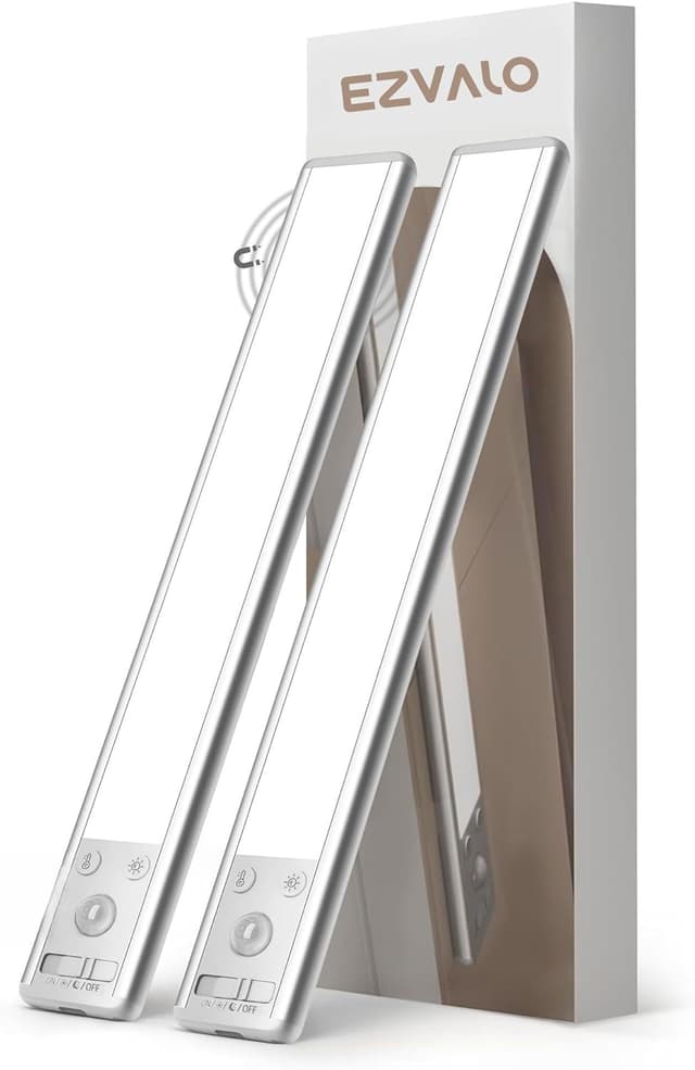 Detalle de EZVALO Schrankbeleuchtung LED 30 cm mit Bewegungsmelder – recargable Unterbauleuchte für Schrank, Küche & Co. (2er-Set, Schwarz)